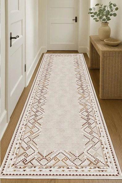Dijital Baskılı Dekoratif Kilim Kaymaz Taban Yıkanabilir Yolluk Antre Hol Halısı Salon Halısı Krem 100 x 300 cm ürün görseli 1