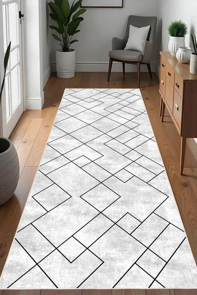 Dijital Baskılı Geometrik Desen Dekoratif Kaymaz Taban Yıkanabilir Yolluk Antre Hol Halısı Salon Halısı Gri 160 x 230 cm ürün görseli 1