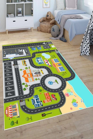 Dijital Baskılı Dekoratif Kaymaz Taban Yıkanabilir Trafik Yolu Temalı Modern Çocuk Halısı Gri 200x300 cm ürün görseli 1