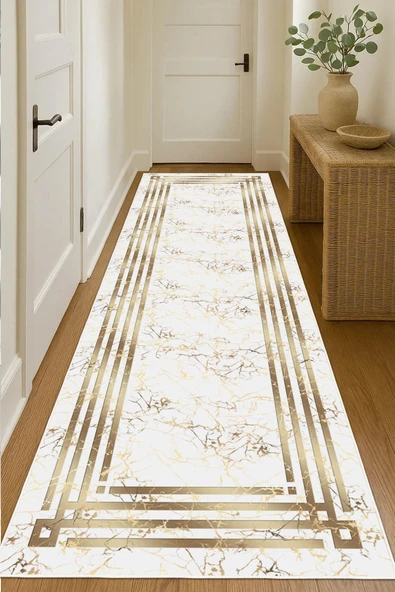 Dijital Baskılı Dekoratif Çerçeveli Kaymaz Taban Yıkanabilir Yolluk Halı Gold 80 x 300 cm ürün görseli 1