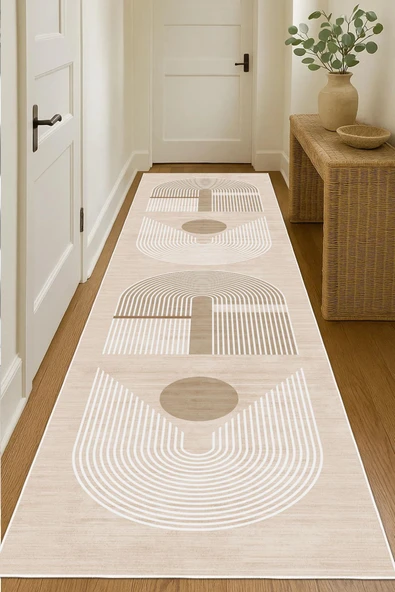 Dijital Baskılı Modern Desen Dekoratif Kaymaz Taban Yıkanabilir Yolluk Antre Hol Halısı Salon Halısı Krem 100 x 300 cm ürün görseli 1