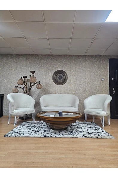 TEDDY Takım Beyaz Boyalı Telli Ayak Çay Seti Koltuk - Berjer , Balkon, Salon, Ofis Krem Renk 40 x 125 Boyut/Ebat ürün görseli 1