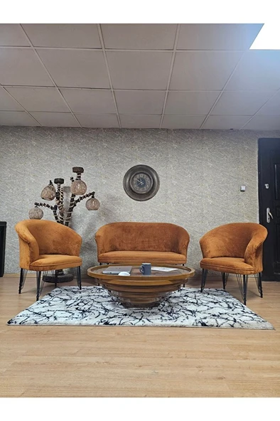 TEDDY Takım Siyah Boyalı Telli Ayak Çay Seti Koltuk - Berjer , Balkon, Salon, Ofis Kiremit Renk 40 x 125 Boyut/Ebat ürün görseli 1