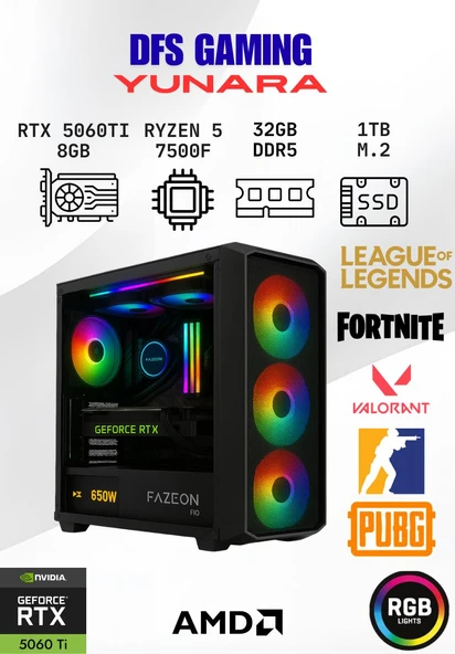 DFS Gaming YUNARA RYZEN 5 7500F-B650M-RTX 5060 TI 8GB-32GB DDR5 RAM-1TB M.2 SSD-OYUNCU BİLGİSAYARI ürün görseli 1