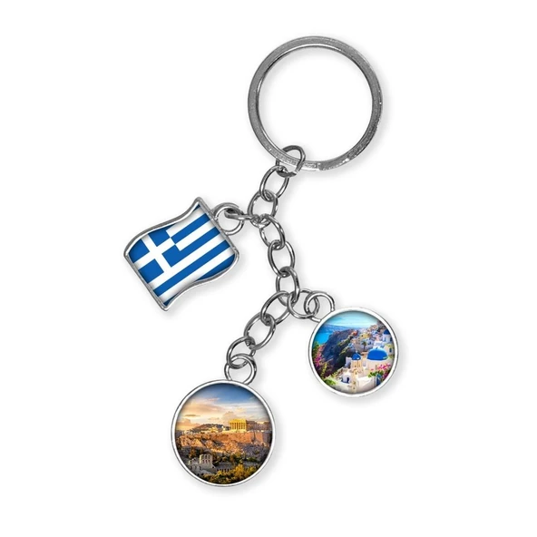 Yunanistan Üçlü Epoksi Metal Çift Taraflı Damla Anahtarlık Greece ürün görseli 1