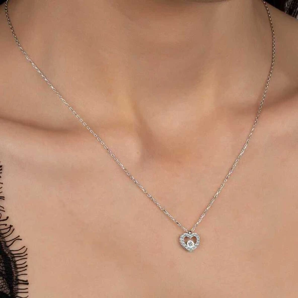 Swarovski Taşlı Gümüş Kalp Bayan Kolye ürün görseli 1