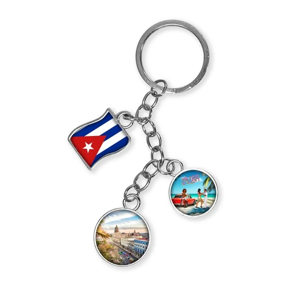 Küba Üçlü Epoksi Metal Çift Taraflı Damla Anahtarlık Cuba ürün görseli 1