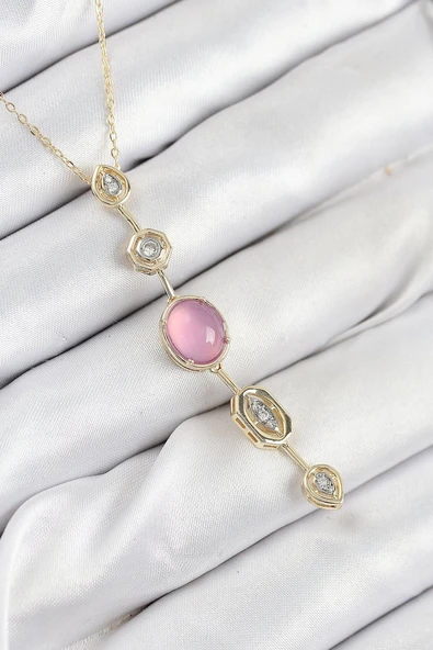 Pirinç Zincir Pembe Gold Renk Zirkon Taşlı Y Kolye - TJ-BKO10554 ürün görseli 1
