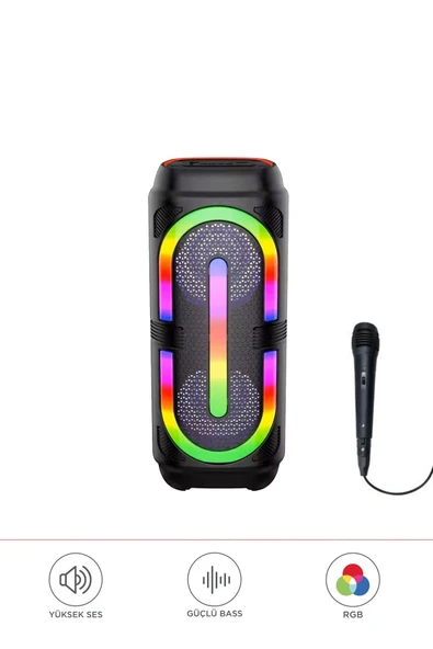 2132 Siyah Mikrofonlu RGB Ledli Taşınabilir Bluetooth Hoparlör Parti Speaker ürün görseli 1