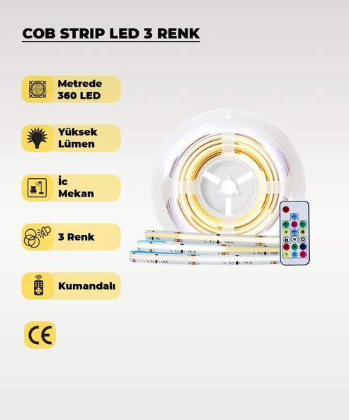 12V COB Şerit Led 3 Renk Işık  -Kumandalı- Metrede 360 Led - 5 Metre ürün görseli 1