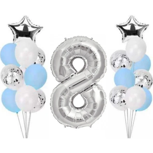 Parti Sürprizi 8 Yaş Gümüş Folyo Balon Set 21 Adet ürün görseli 1
