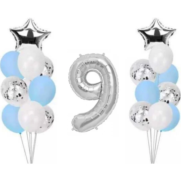 Parti Sürprizi 9 Yaş Gümüş Folyo Balon Set 21 Adet ürün görseli 1
