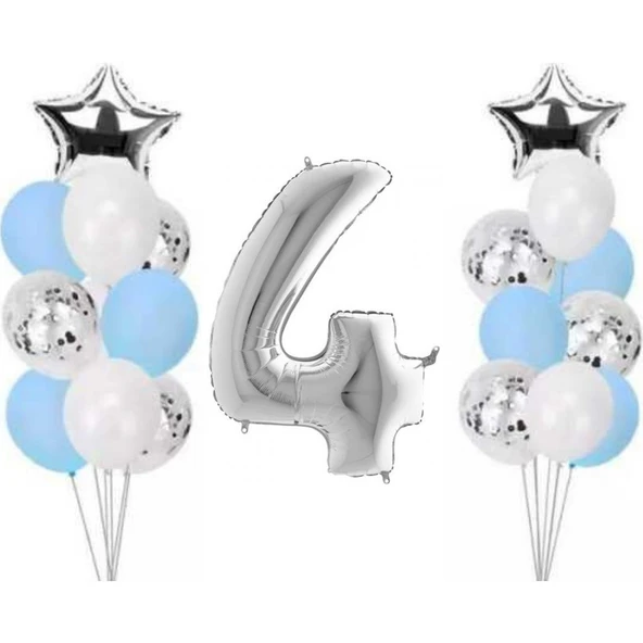 Parti Sürprizi 4 Yaş Gümüş Folyo Balon Set 21 Adet ürün görseli 1