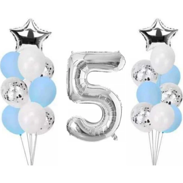 Parti Sürprizi 5 Yaş Gümüş Folyo Balon Set 21 Adet ürün görseli 1