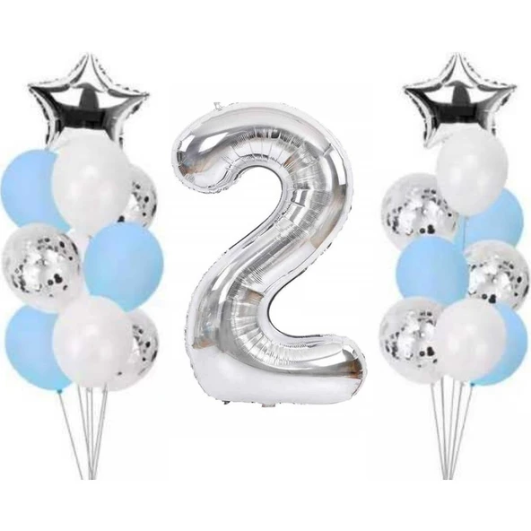 Parti Sürprizi 2 Yaş Gümüş Folyo Balon Set 21 Adet ürün görseli 1