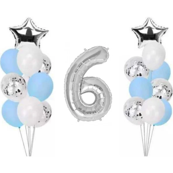 Parti Sürprizi 6 Yaş Gümüş Folyo Balon Set 21 Adet ürün görseli 1