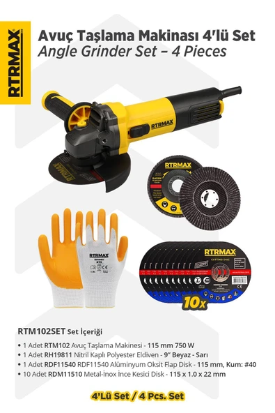 RTM102SET Avuç Taşlama Makinası 4'lü Set - Eldiven-Kesici Disk-Flap Disk ürün görseli 1