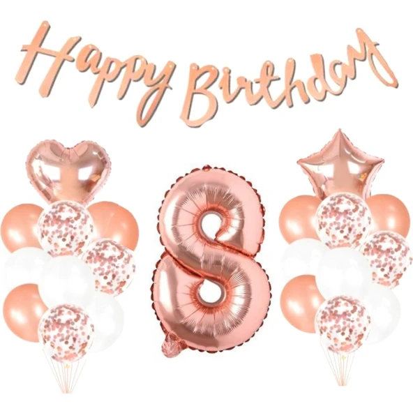 Parti Sürprizi 8 Yaş Rose Gold Happy Birthday Set ürün görseli 1