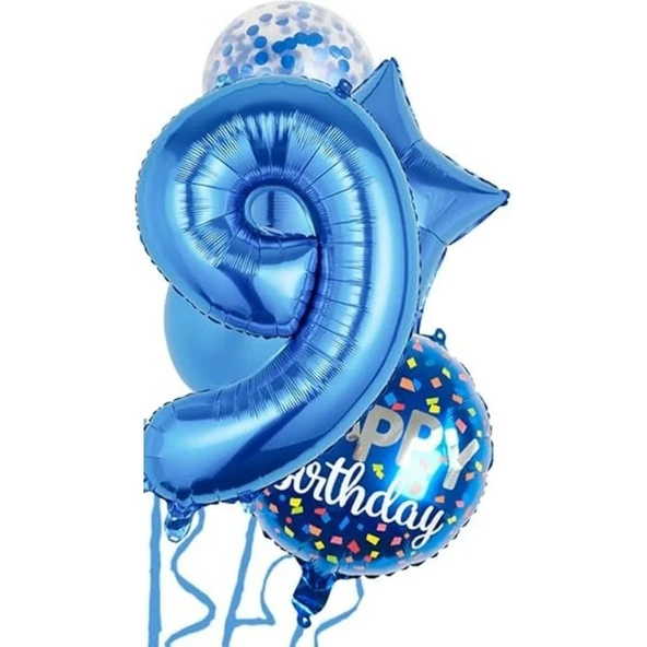 Parti Sürprizi Mavi 9 Yaş Happy Birthday Konfetili Balon Set ürün görseli 1