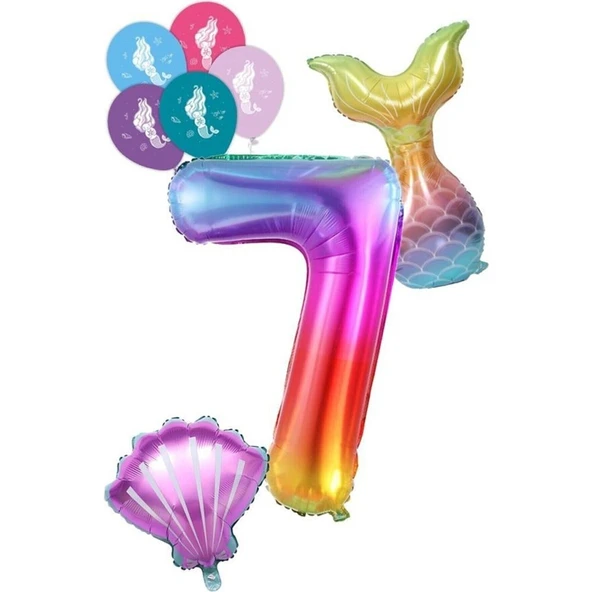 Parti Sürprizi 7 Rakam Gökkuşağı Deniz Kızı Folyo Balon Seti ürün görseli 1