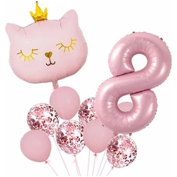 Parti Sürprizi Taçlı Pembe Kedi 8 Yaş Folyo Balon Set ürün görseli 1