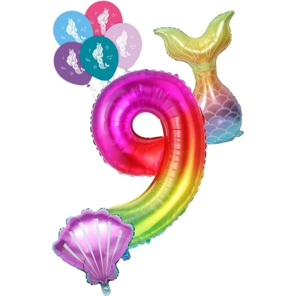 Parti Sürprizi 9 Rakam Gökkuşağı Deniz Kızı Folyo Balon Seti ürün görseli 1