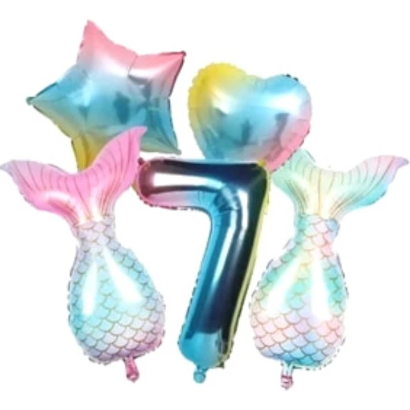 Parti Sürprizi Rainbow Deniz Kızı Kuyruğu 7 Yaş Folyo Balon Set ürün görseli 1