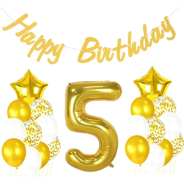 Parti Sürprizi 5 Yaş Altın Happy Birthday Set ürün görseli 1