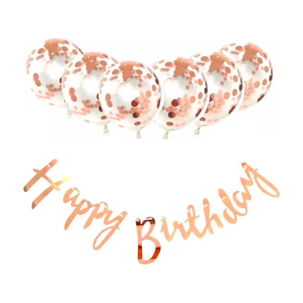 Parti Sürprizi Metalize Happy Birthday Rose Gold Banner Set ürün görseli 1