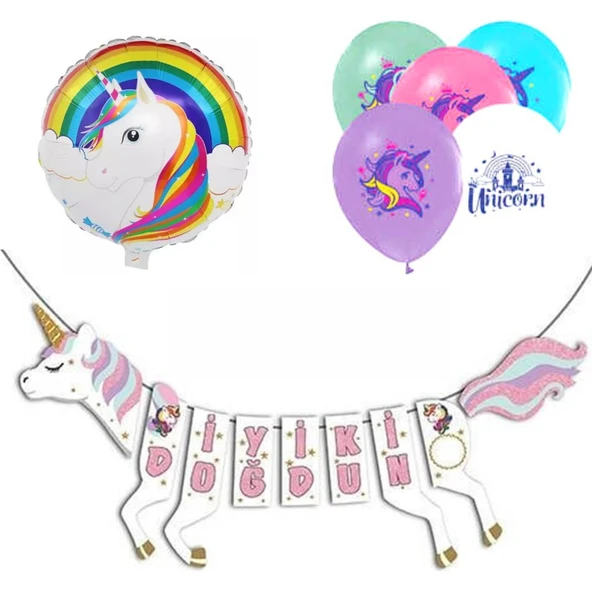 Parti Sürprizi Unicorn Şekilli Iyi Ki Doğdun Balonlu Set ürün görseli 1