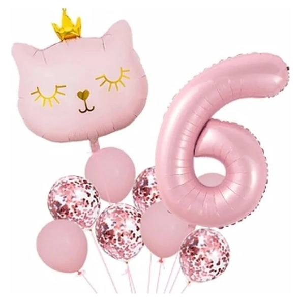 Parti Sürprizi Taçlı Pembe Kedi 6 Yaş Folyo Balon Set ürün görseli 1