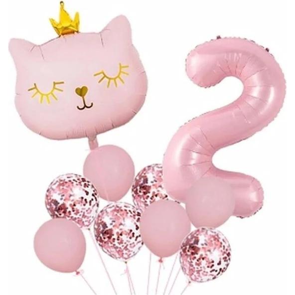 Parti Sürprizi Taçlı Pembe Kedi 2 Yaş Folyo Balon Set ürün görseli 1