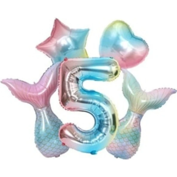 Parti Sürprizi Rainbow Deniz Kızı Kuyruğu 5 Yaş Folyo Balon Set ürün görseli 1