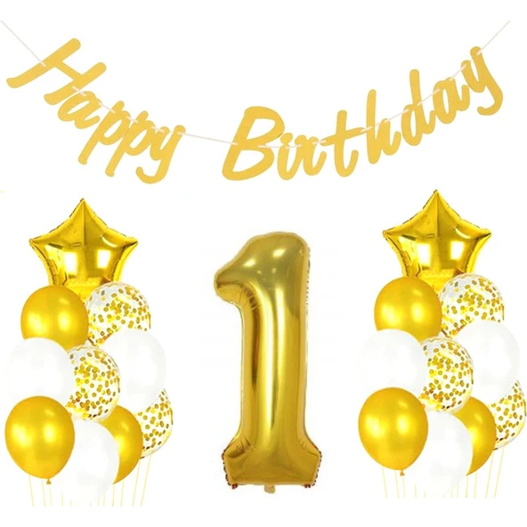 Parti Sürprizi 1 Yaş Altın Happy Birthday Set ürün görseli 1
