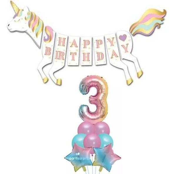 Parti Sürprizi Unicorn 3 Yaş Happy Birthday Gökkuşağı ürün görseli 1