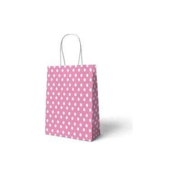 Parti Sürprizi Pembe Puanlı Büküm Saplı 6 Adet Hediye Çantası 22 x 24 cm ürün görseli 1