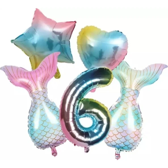 Parti Sürprizi Rainbow Deniz Kızı Kuyruğu 6 Yaş Folyo Balon Set ürün görseli 1
