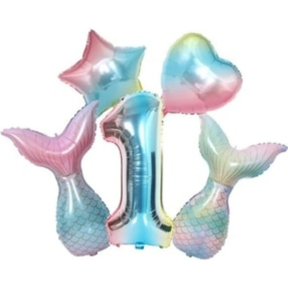 Parti Sürprizi Rainbow Deniz Kızı Kuyruğu 1 Yaş Folyo Balon Set ürün görseli 1
