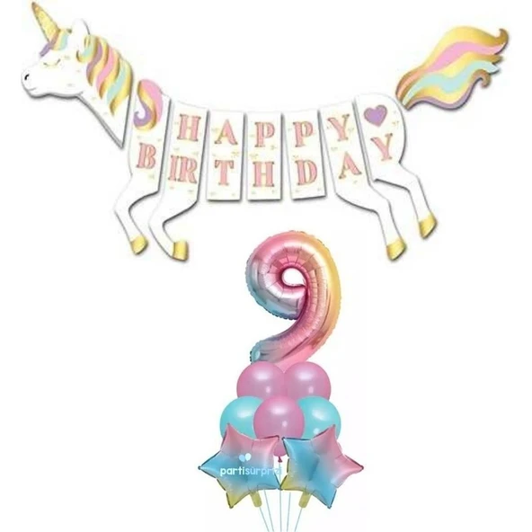 Parti Sürprizi Unicorn 9 Yaş Happy Birthday Gökkuşağı ürün görseli 1