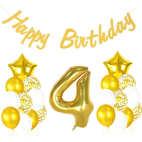 Parti Sürprizi 4 Yaş Altın Happy Birthday Set ürün görseli 1