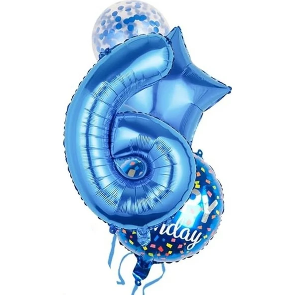 Parti Sürprizi Mavi 6 Yaş Happy Birthday Konfetili Balon Set ürün görseli 1