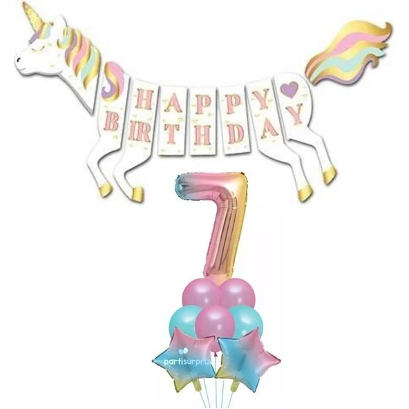Parti Sürprizi Unicorn 7 Yaş Happy Birthday Gökkuşağı ürün görseli 1