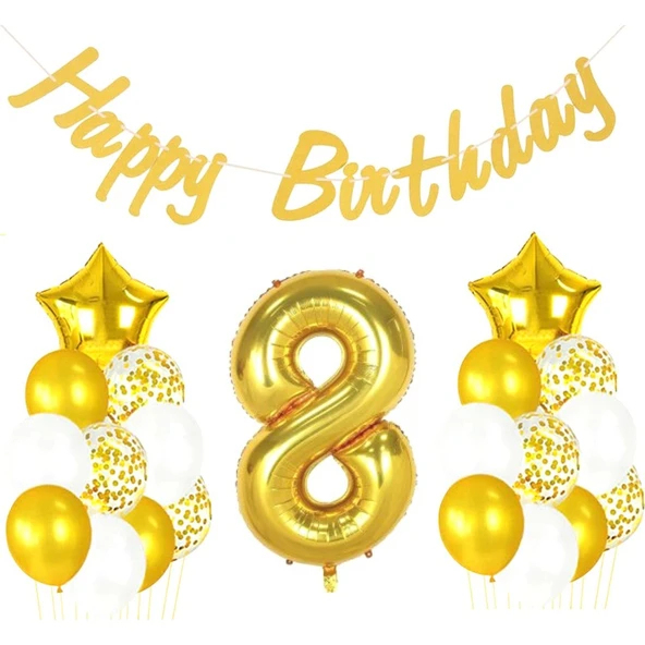 Parti Sürprizi 8 Yaş Altın Happy Birthday Set ürün görseli 1