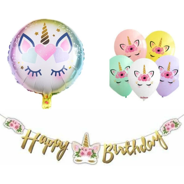 Parti Sürprizi Çiçekli Unicorn Happy Birthday Balonlu Set ürün görseli 1