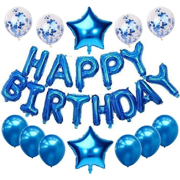 Parti Sürprizi Mavi Happy Birthday Folyo Balon Set ürün görseli 1