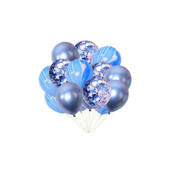 Parti Sürprizi Mavi Renk Konfetili Mermer Desenli Balon Set ürün görseli 1