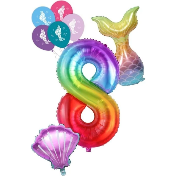 Parti Sürprizi 8 Rakam Gökkuşağı Deniz Kızı Folyo Balon Seti ürün görseli 1