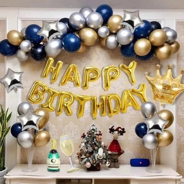 Parti Sürprizi Altın Happy Birthday Zincir Balon Set ürün görseli 1
