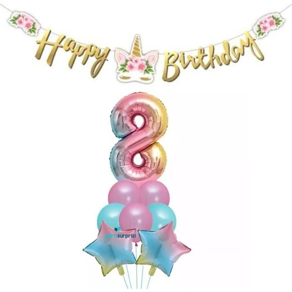 Parti Sürprizi Çiçekli Unicorn 8yaş Gökkuşağı Balon Set ürün görseli 1