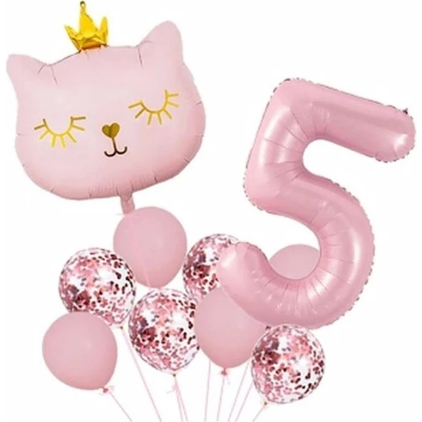Parti Sürprizi Taçlı Pembe Kedi 5 Yaş Folyo Balon Set ürün görseli 1